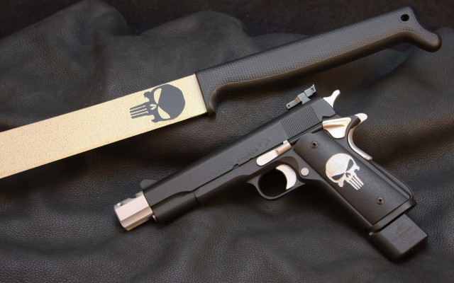 Gun knife skull blackcloth matte free wallpaper for desktop - medium preview image