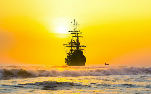 Ship ocean sunset boat lake free wallpaper for desktop - medium preview image