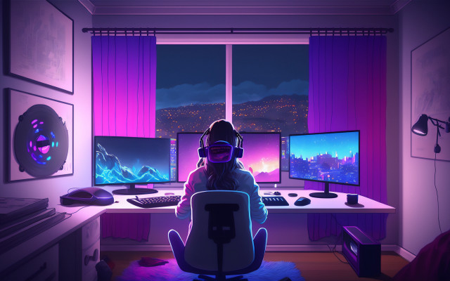 Cyberpunk synthwave girl desk night free wallpaper for desktop - medium preview image
