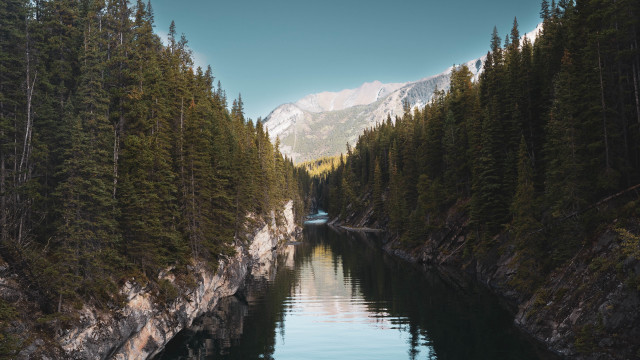 River trees mountains boat snowy free wallpaper for desktop - medium preview image