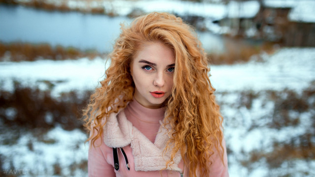 Red hair pink jacket snow free wallpaper for desktop - medium preview image