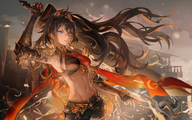 Fire woman sword armor city free wallpaper for desktop - medium preview image