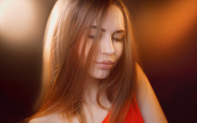 Woman longhair lookingdown cellphone hands free wallpaper for desktop - medium preview image