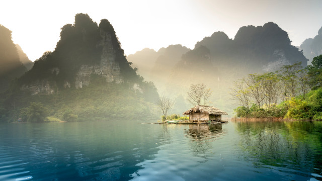 Hut island lake mountains fog free wallpaper for desktop - medium preview image