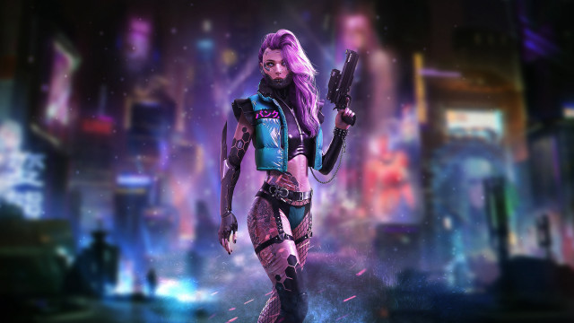 Futuristic woman cyberpunk city neon free wallpaper for desktop - medium preview image