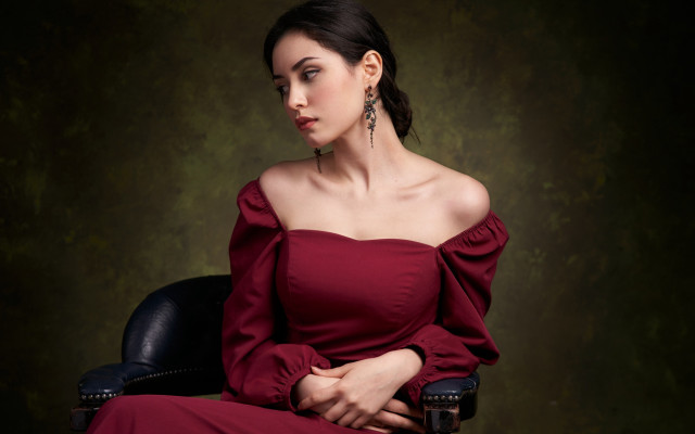 Woman red dress chair side free wallpaper for desktop - medium preview image