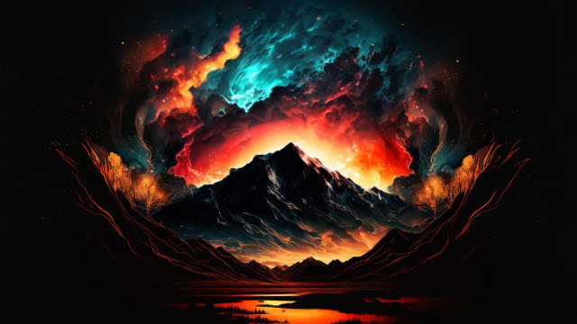 Mountain reflection fantasy digital painting free wallpaper for desktop - medium preview image