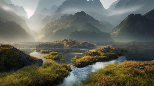 River valley mountains grass hills free wallpaper for desktop - medium preview image