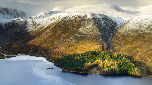Mountain lake forest clouds tiltshift free wallpaper for desktop - medium preview image