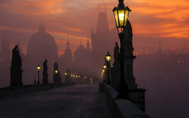 Streetlight bridge fog sunset gothic free wallpaper for desktop - medium preview image