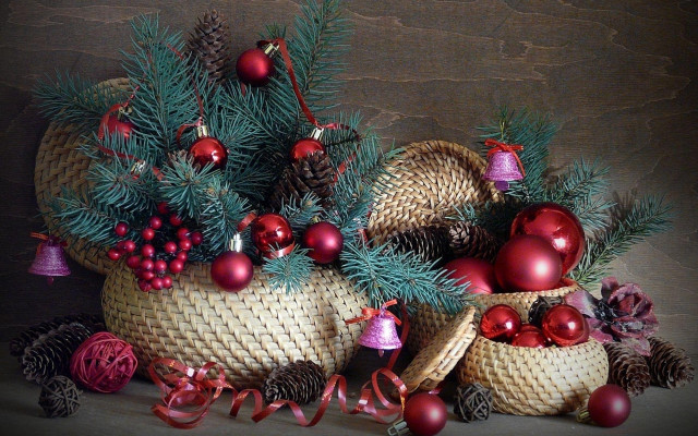 Christmas basket pinecones ornaments folk free wallpaper for desktop - medium preview image