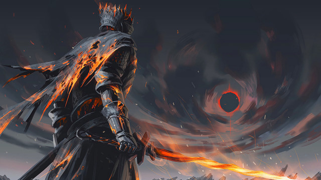 Black suit man flaming sword free wallpaper for desktop - medium preview image