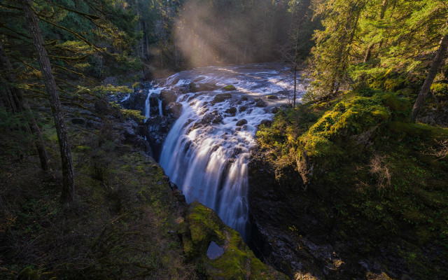 Waterfall forest sunbeam puzzle lens free wallpaper for desktop - medium preview image