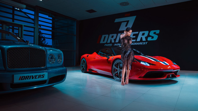 Woman red sports car showroom free wallpaper for desktop - medium preview image