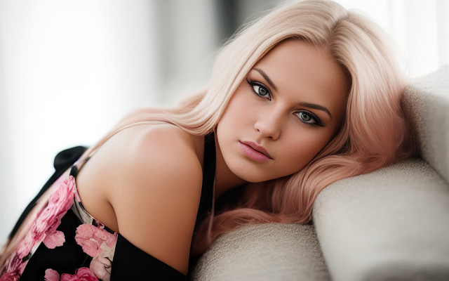 Blonde woman laying couch portrait #2 free wallpaper for desktop - medium preview image