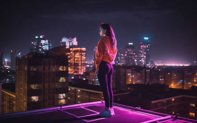 Rooftop citylights synthwave cyberpunk woman free wallpaper for desktop - medium preview image