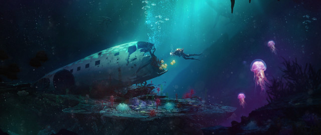 Underwater submarine jellyfish man scuba free wallpaper for desktop - medium preview image