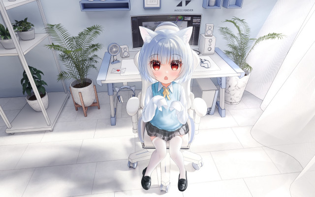 Anime girl chair room plants free wallpaper for desktop - medium preview image