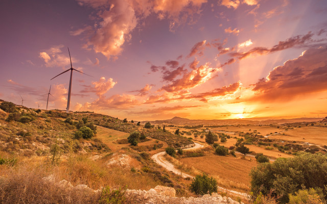 Sunset windfarm windmill dirtroad autumn free wallpaper for desktop - medium preview image