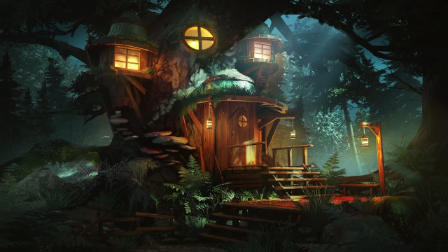 Forest treehouse night lanterns torii free wallpaper for desktop - medium preview image