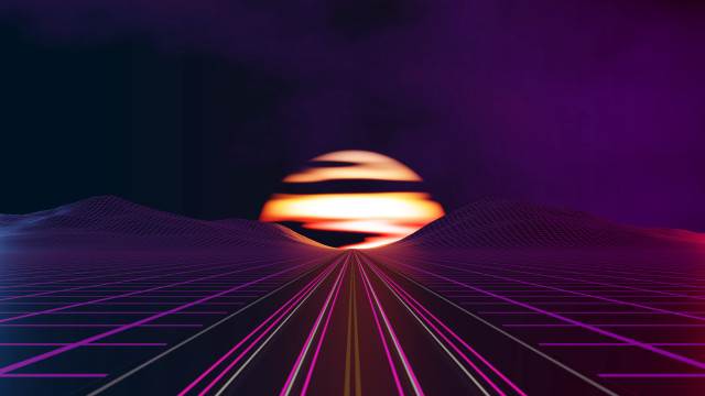 Sunset grid synthwave retrofuturism raytraced free wallpaper for desktop - medium preview image