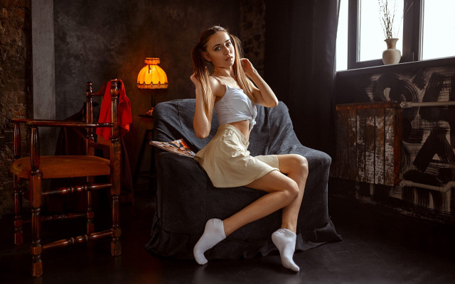 Woman sitting couch lamp chair #2 free wallpaper for desktop - medium preview image