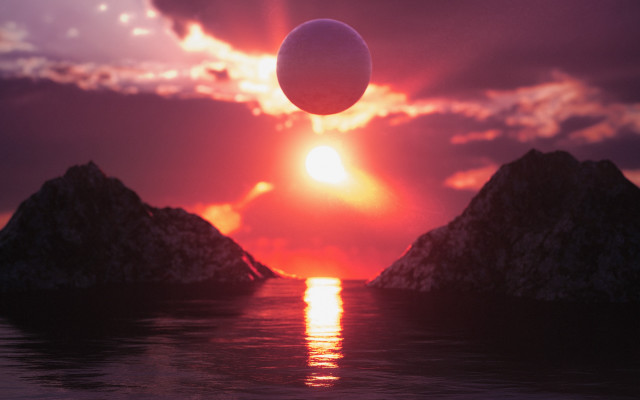 Sunset floatingsphere mountains ocean cityscape free wallpaper for desktop - medium preview image