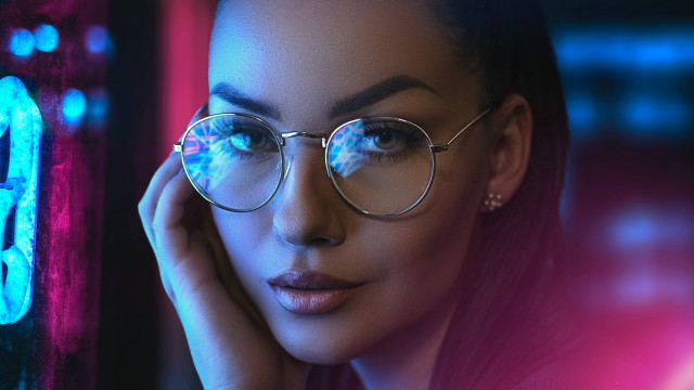 Woman glasses neon background glowing free wallpaper for desktop - medium preview image
