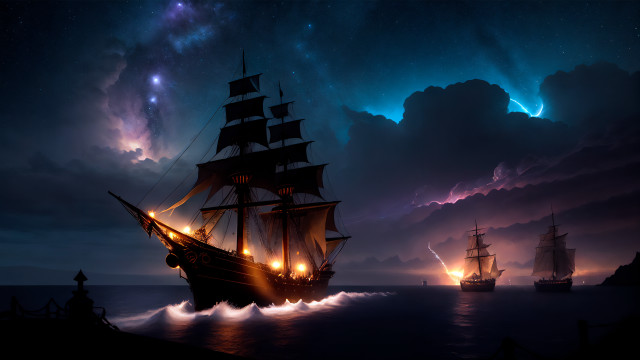 Fantasy ship night ocean starry free wallpaper for desktop - medium preview image