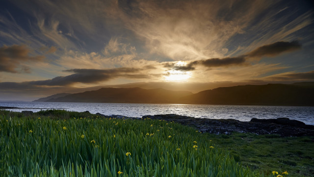 Sunset grass field mountains lake free wallpaper for desktop - medium preview image