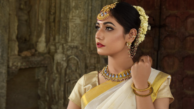 Woman white gold saree jewelry free wallpaper for desktop - medium preview image