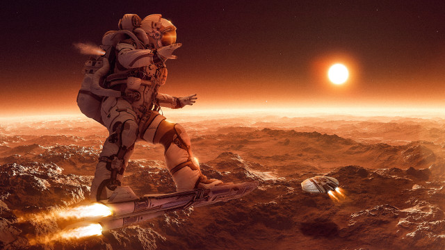 Space suit snowboard rocky surface free wallpaper for desktop - medium preview image