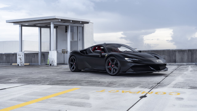 Black sports car building parking free wallpaper for desktop - medium preview image