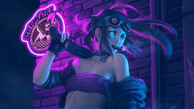 Neon bikini woman cyberpunk brick free wallpaper for desktop - medium preview image