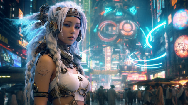 Futuristic city woman white wig free wallpaper for desktop - medium preview image