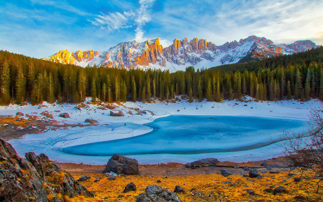Lake mountains trees snow rocks free wallpaper for desktop - medium preview image