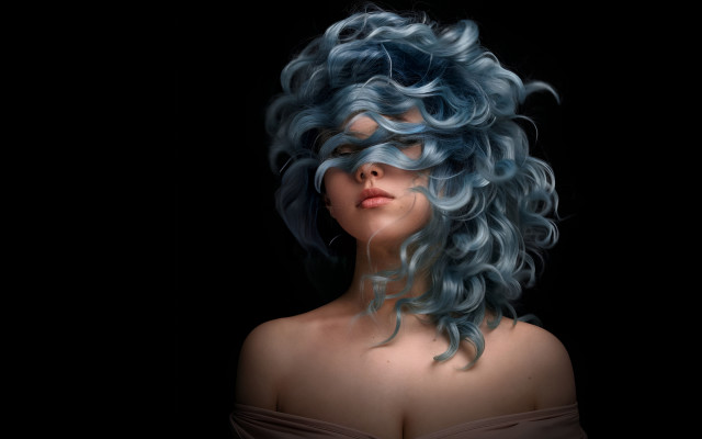 Blue hair dress head photorealism free wallpaper for desktop - medium preview image