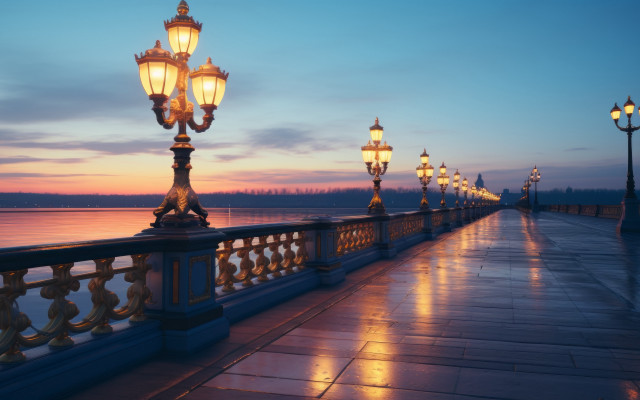 Dusk lamp lit bridge mountains free wallpaper for desktop - medium preview image