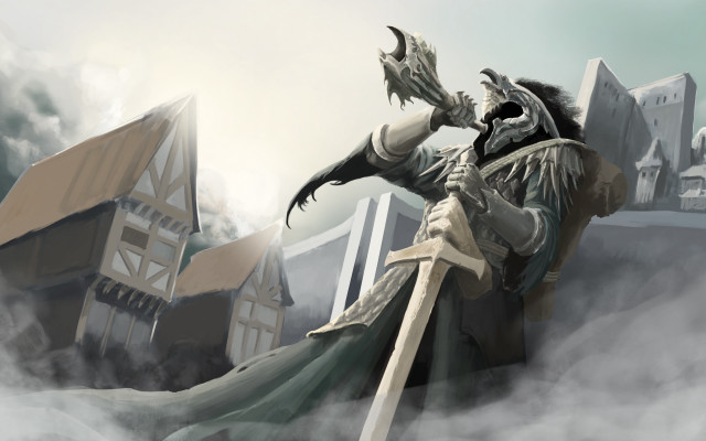 Man robe sword castle clouds free wallpaper for desktop - medium preview image