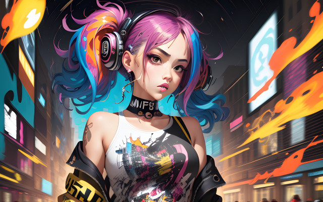 Cyberpunk girl neonlights colorfulhair headphones free wallpaper for desktop - medium preview image