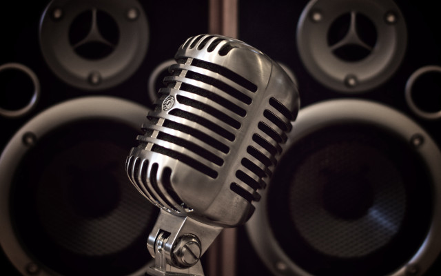 Microphone speakers studio photorealism blurry free wallpaper for desktop - medium preview image