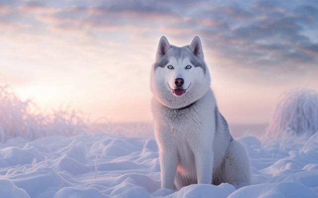 Husky sitting snow sunset clouds free wallpaper for desktop - medium preview image