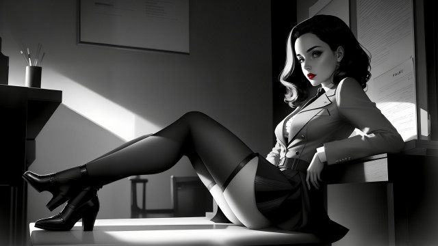 Woman blackhair highheels skirt sitting free wallpaper for desktop - medium preview image