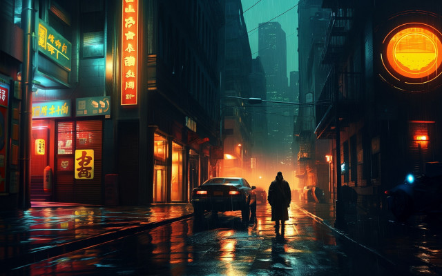 Man street night rain cyberpunk free wallpaper for desktop - medium preview image