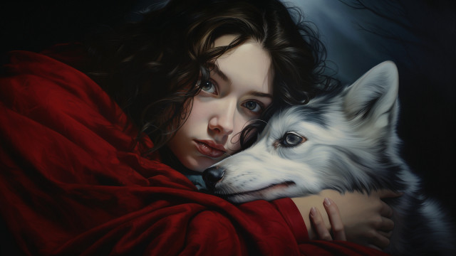 Woman hugging dog red blanket free wallpaper for desktop - medium preview image