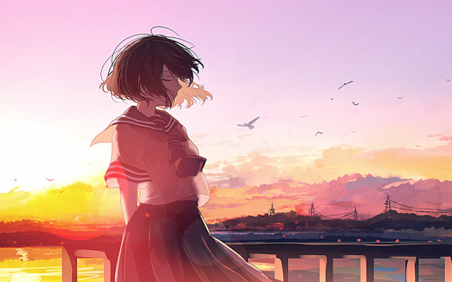 Bridge sunset water bird anime free wallpaper for desktop - medium preview image