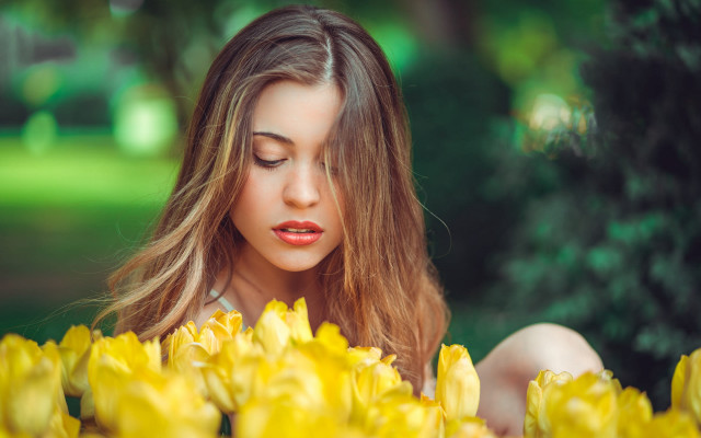 Woman long hair yellow flowers free wallpaper for desktop - medium preview image