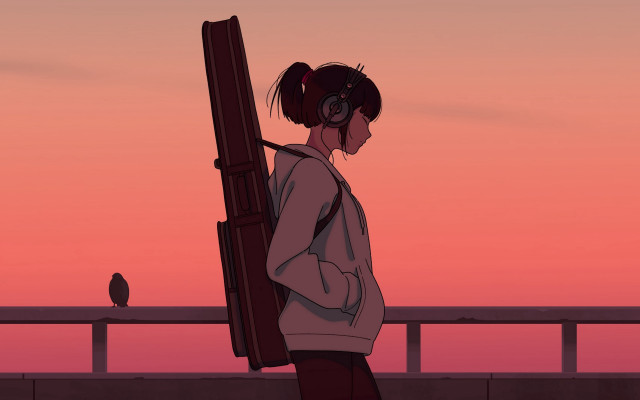 Girl headphones pier ocean bird free wallpaper for desktop - medium preview image