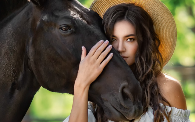 Woman hugging horse straw hat free wallpaper for desktop - medium preview image