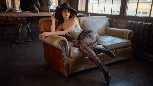 Woman hat stockings sitting room free wallpaper for desktop - medium preview image